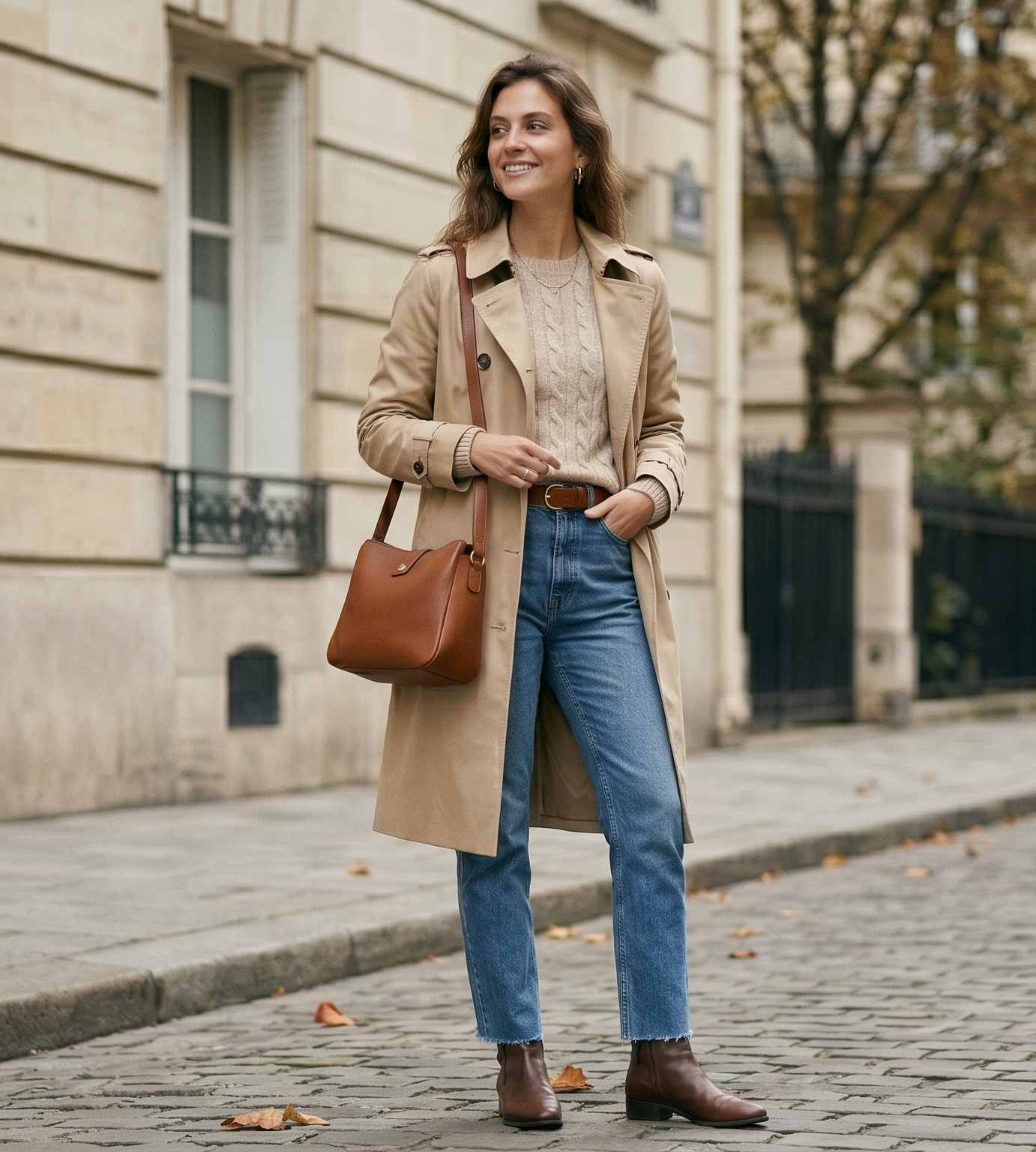 Herbstliches Outfit mit Trenchcoat und brauner Tasche